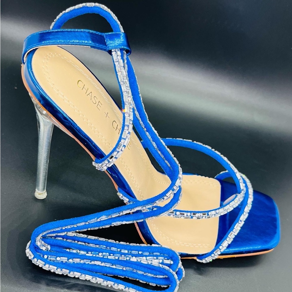 Glitzy, lace up, open toe, stiletto, heels for a fancy occasion.
